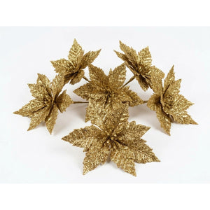 Set 6 Flores Decorativas Navideñas Brillos 18cm Dorada