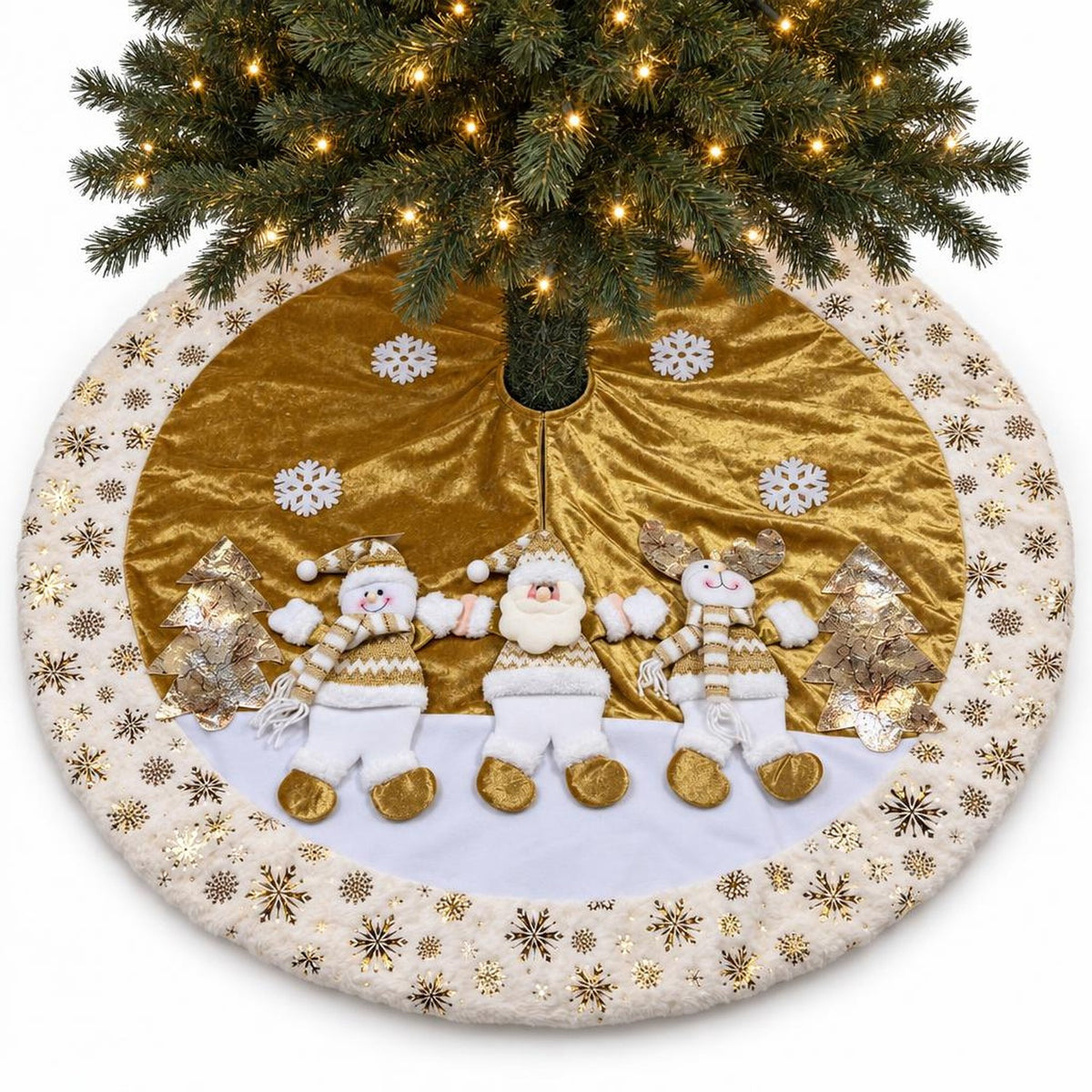 Pie De Árbol Navidad 118cm Dorado Copos Nieve Felpa