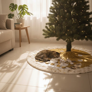 Pie De Árbol Navidad 118cm Dorado Copos Nieve Felpa