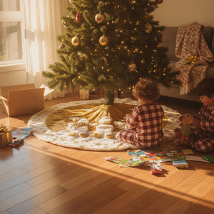Pie De Árbol Navidad 118cm Dorado Copos Nieve Felpa