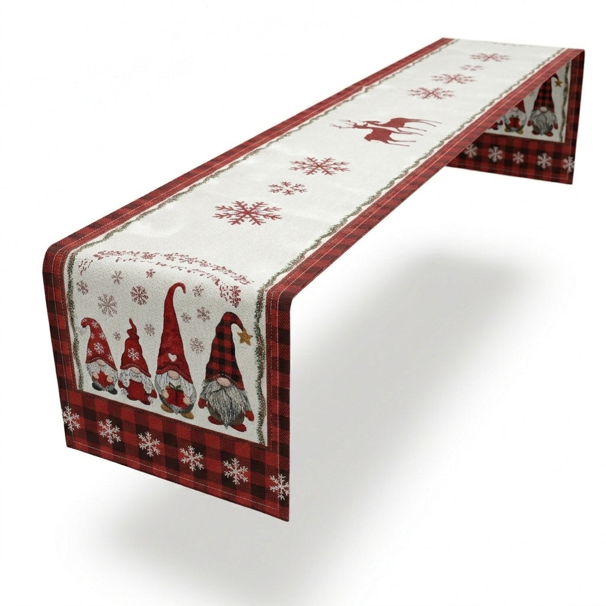 Centro Mesa Navideño 180x36cm Gnomos Renos Rojo