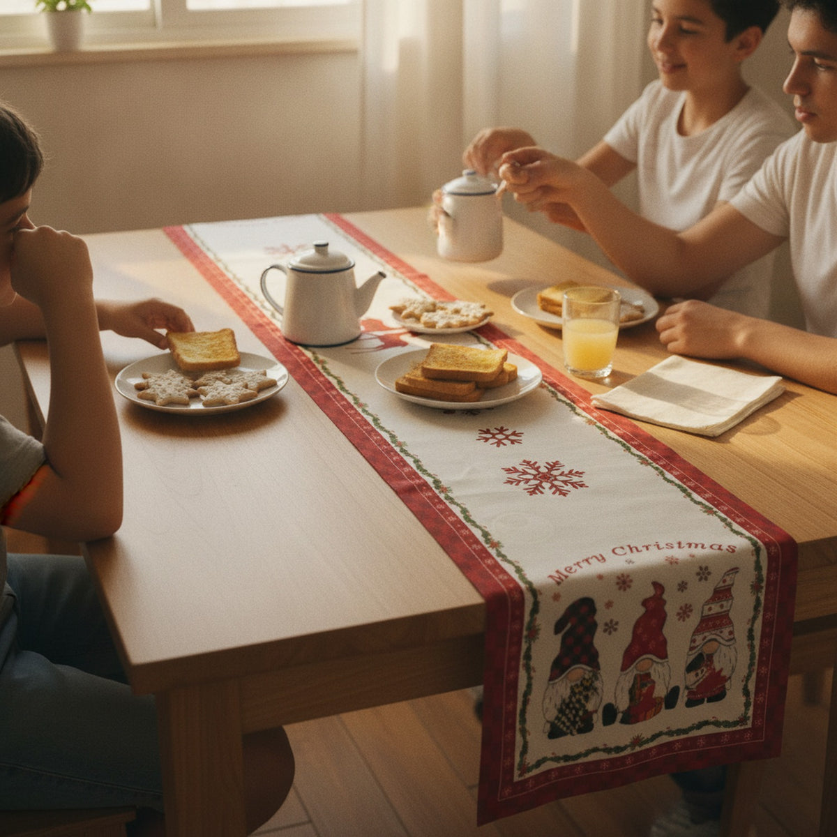 Centro Mesa Navideño 180x36cm Gnomos Renos Rojo