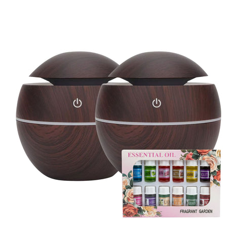 Pack 2 humidificadores con 12 esencias aromáticas aspecto madera oscuro, ideales para aromaterapia y relajación, mejoran el ambiente con vapor suave y fragancias duraderas. ¡Compra ahora y transforma tu espacio!-1