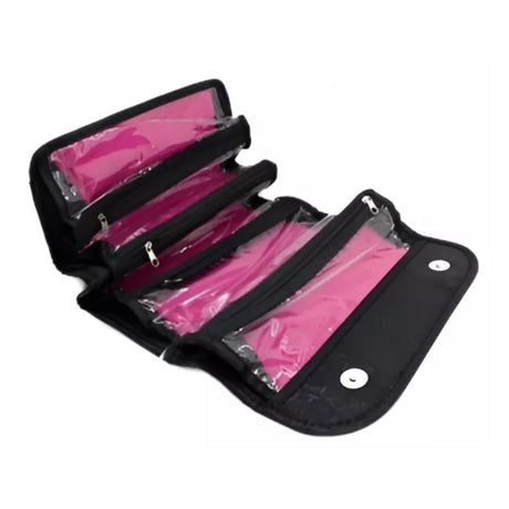 Estuche organizador de maquillaje negro de 24 cm, resistente al agua, con múltiples compartimentos para viajes y uso diario.-1-1-1