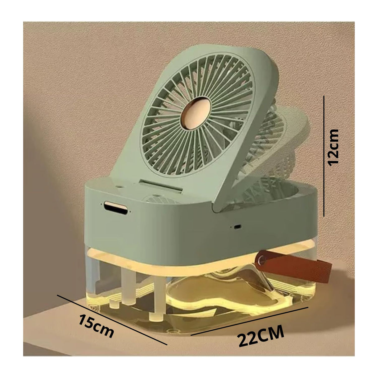 Ventilador humidificador USB verde de 22 cm, compacto y silencioso, ideal para casa y viajes, mejora la calidad del aire.-4