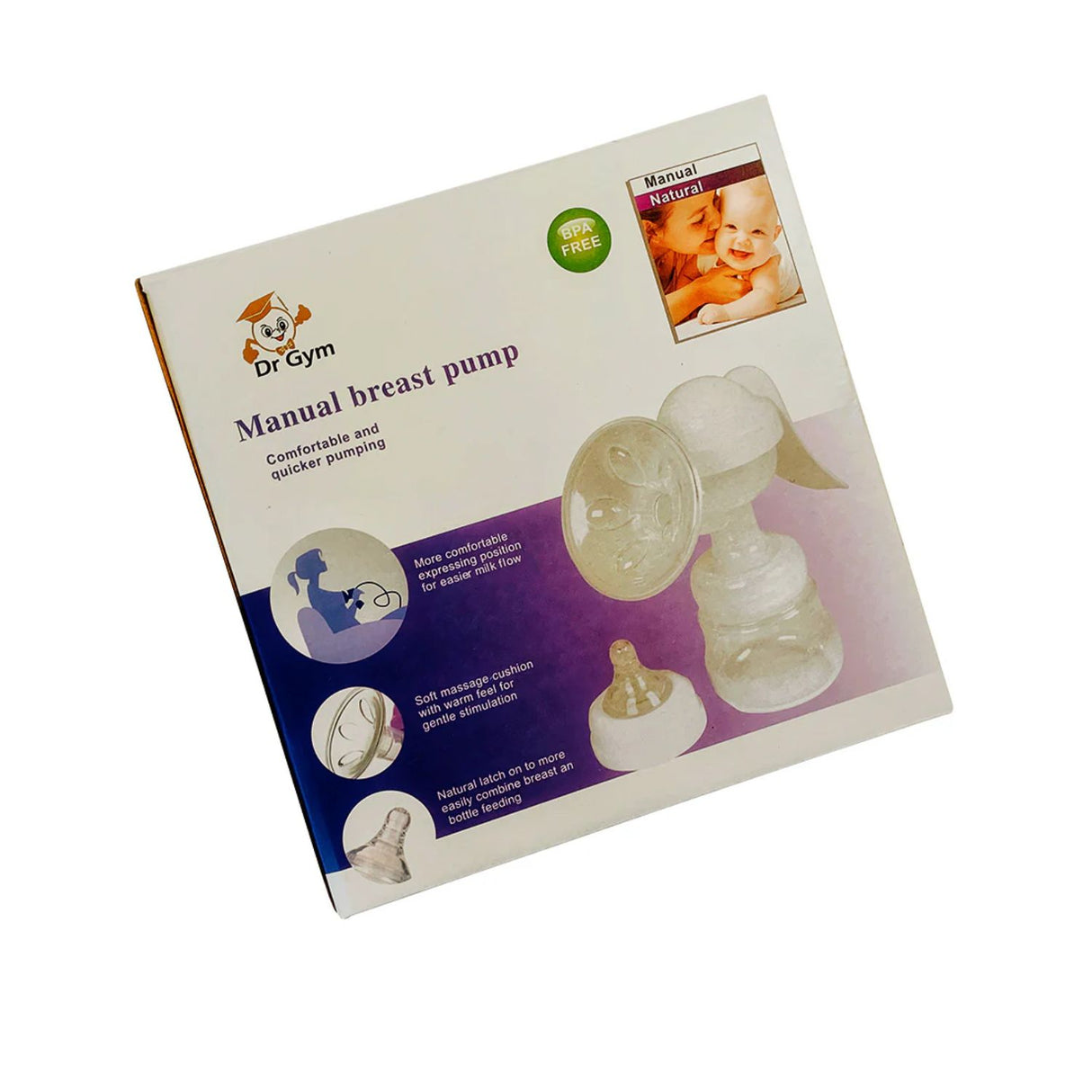 Extractor de leche manual blanco, ergonómico y portátil, fabricado en plástico BPA-free. Ideal para lactancia materna en cualquier lugar.-1-4-1