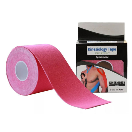 Cinta Kinesiológica Tape Neuromuscular Roja de 500cm x 5cm, hipoalergénica, resistente al agua, ideal para soporte en lesiones deportivas.-1-2-1