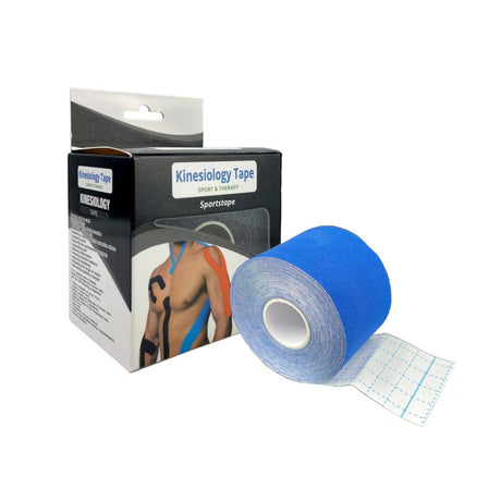 Cinta Kinesiológica azul de 500 cm, elástica y transpirable, ideal para soporte muscular y alivio del dolor en deportes y rehabilitación.-1-2-1