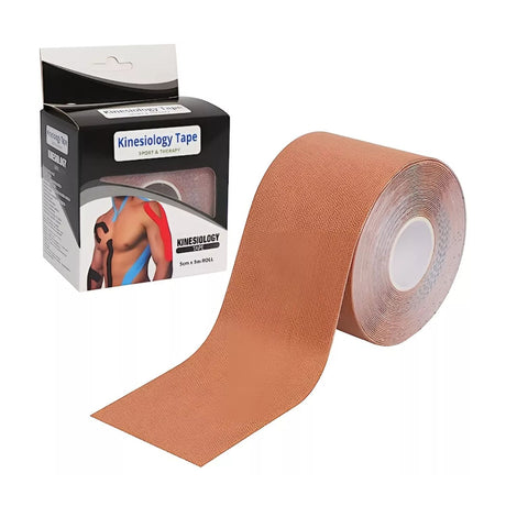 Cinta Kinesiológica Tape Neuromuscular beige, 500cm x 5cm, hipoalergénica, resistente al agua, ideal para soporte y alivio muscular.-1-2-1