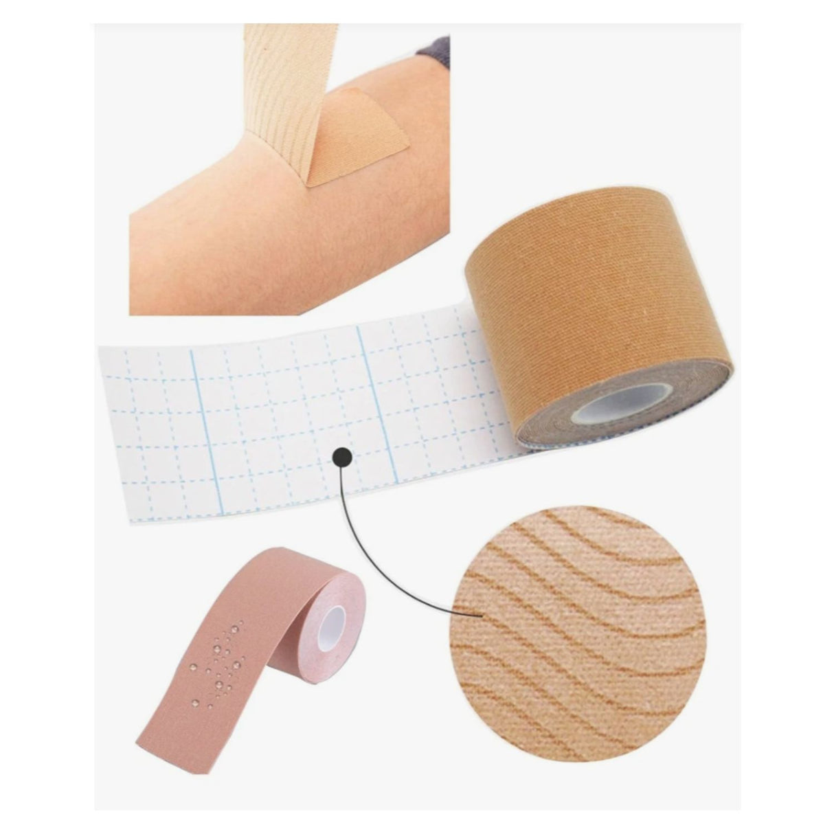 Cinta Kinesiológica Tape Neuromuscular beige, 500cm x 5cm, hipoalergénica, resistente al agua, ideal para soporte y alivio muscular.-4