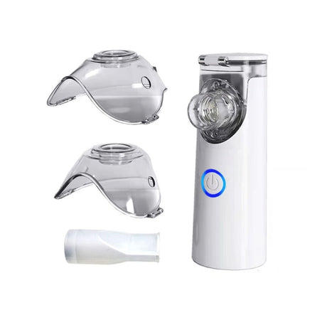 Nebulizador compacto blanco de 10 cm, portátil y eficiente para tratamientos respiratorios en casa o viajes. Ideal para asma y EPOC.-1-1-1