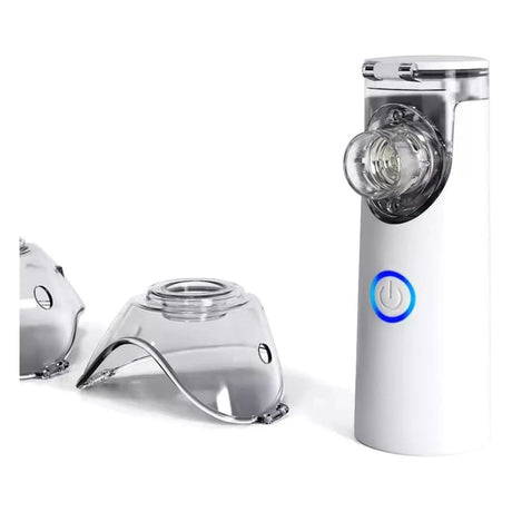 Nebulizador compacto blanco de 10 cm, portátil y eficiente para tratamientos respiratorios en casa o viajes. Ideal para asma y EPOC.-1-2-1