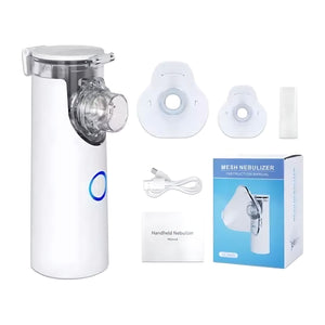 Nebulizador compacto blanco de 10 cm, portátil y eficiente para tratamientos respiratorios en casa o viajes. Ideal para asma y EPOC.-1-4-1