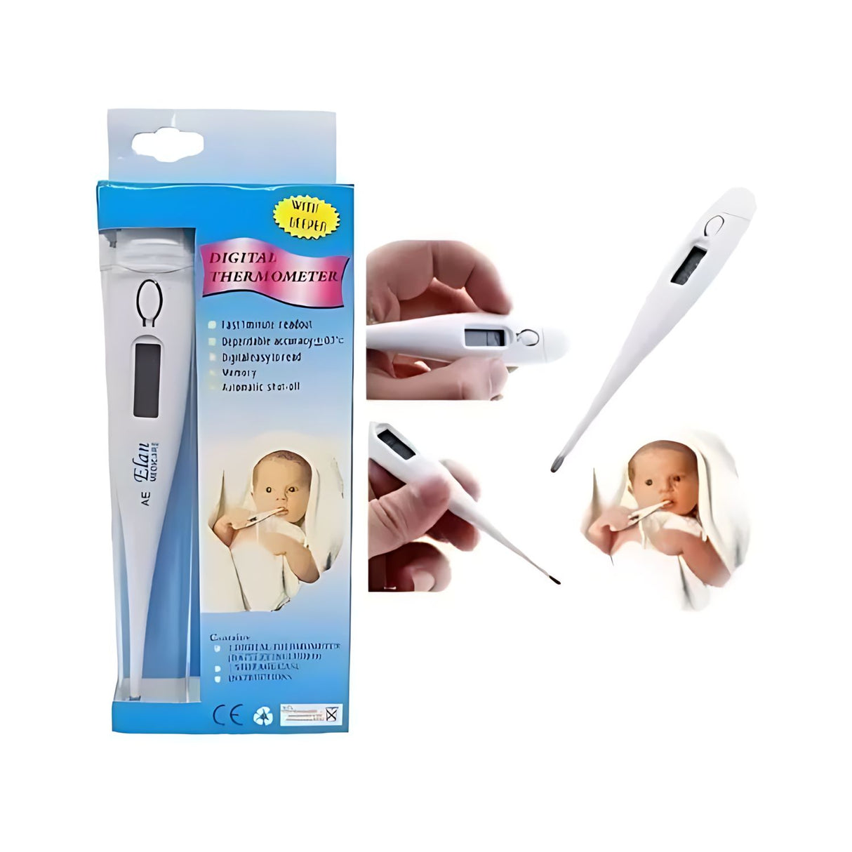 Termómetro digital blanco de 12 cm, ligero y resistente al agua, ideal para medir temperatura corporal y alimentos con pantalla LCD clara.-1-3-1