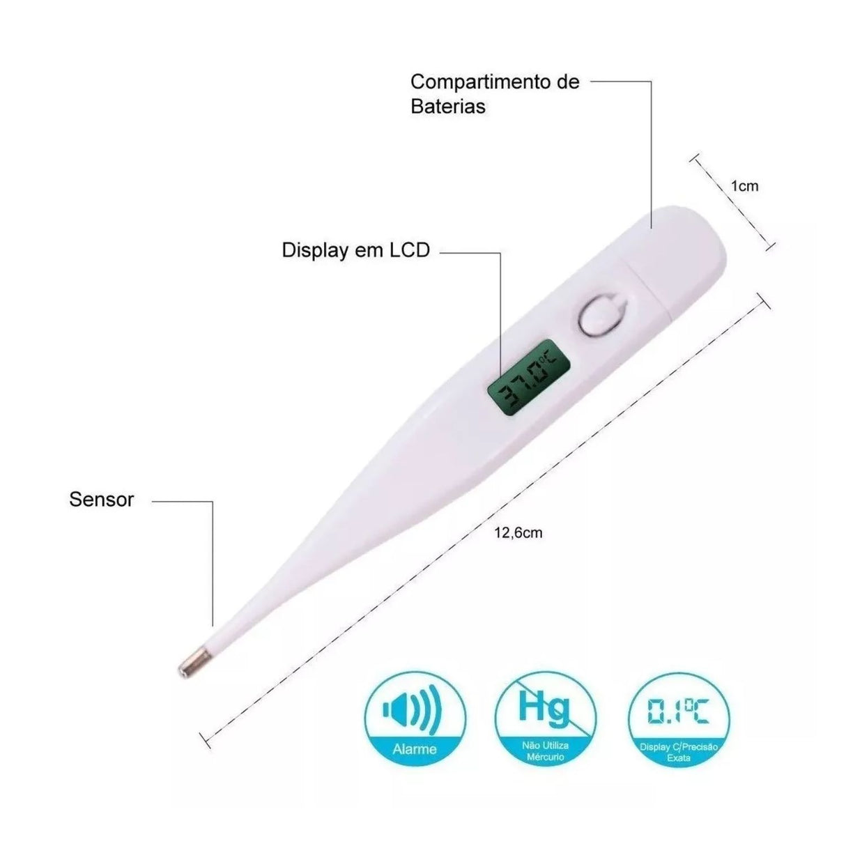 Termómetro digital blanco de 12 cm, ligero y resistente al agua, ideal para medir temperatura corporal y alimentos con pantalla LCD clara.-1-4-1