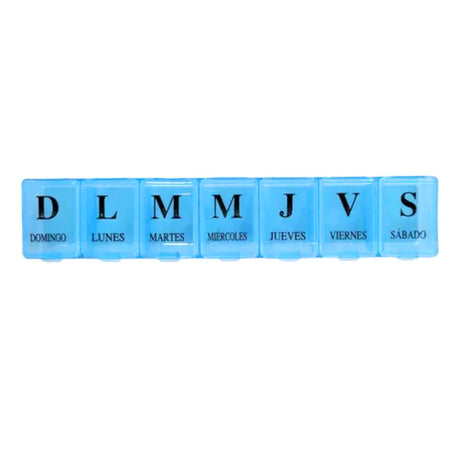 Pastillero semanal azul de 15cm en plástico, con compartimentos etiquetados para organizar medicamentos. Ideal para adultos mayores y viajeros.-1-1-1