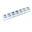Pastillero semanal blanco de 15 cm, plástico resistente y ligero, ideal para organizar medicamentos diarios con compartimentos etiquetados.-1-1-1