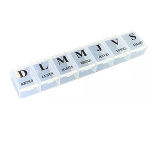 Pastillero semanal blanco de 15 cm, plástico resistente y ligero, ideal para organizar medicamentos diarios con compartimentos etiquetados.-1-1-1