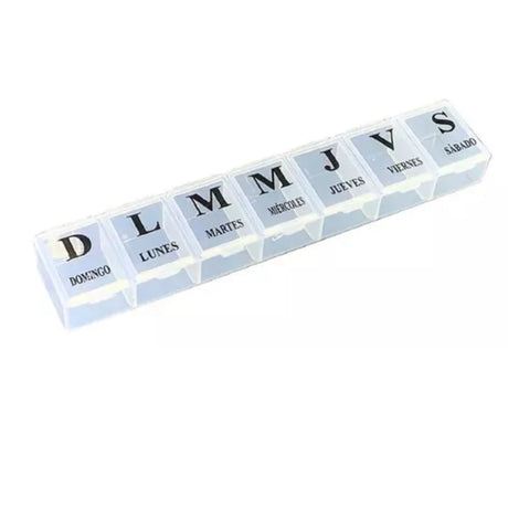 Pastillero semanal blanco de 15 cm, plástico resistente y ligero, ideal para organizar medicamentos diarios con compartimentos etiquetados.-1-1-1