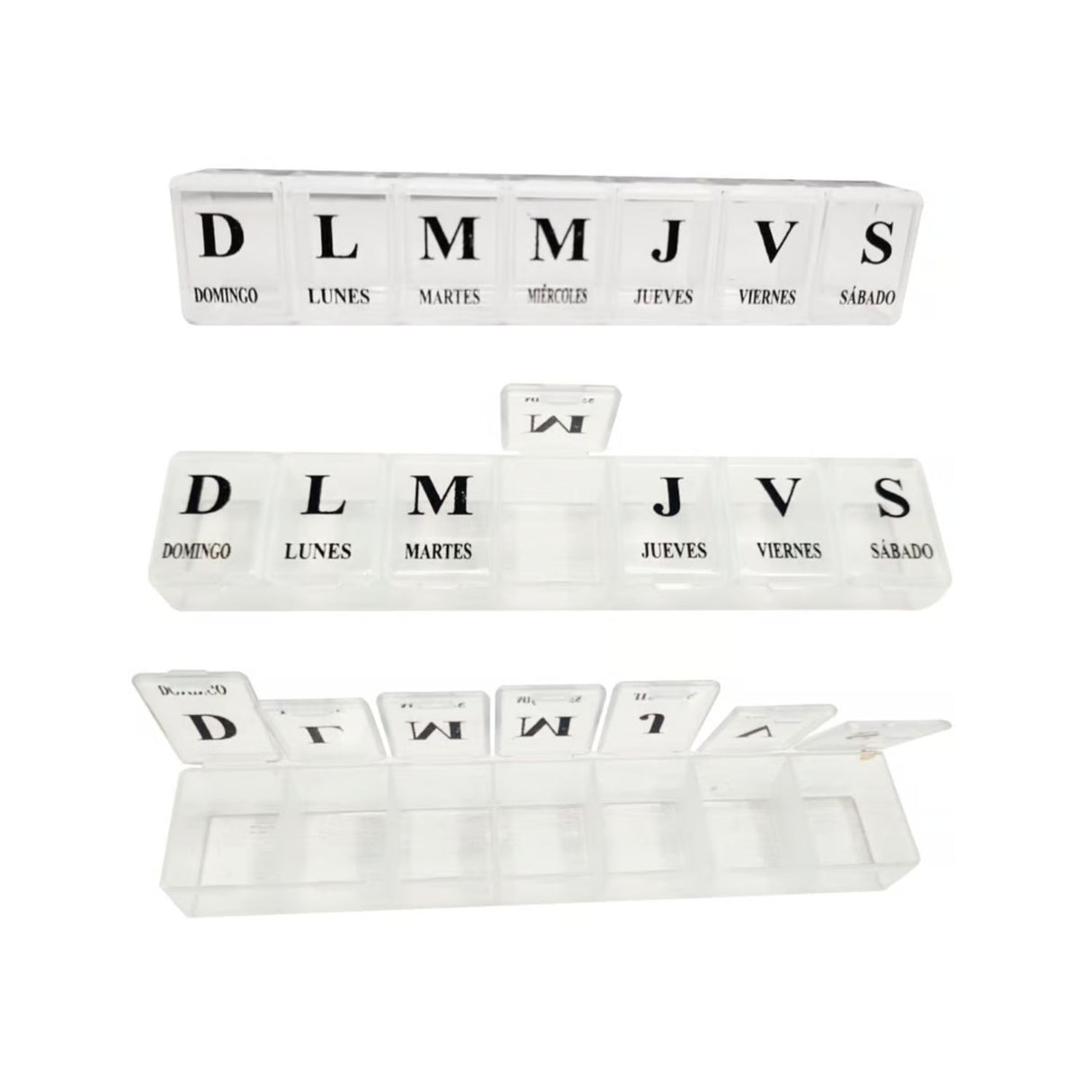 Pastillero semanal blanco de 15 cm, plástico resistente y ligero, ideal para organizar medicamentos diarios con compartimentos etiquetados.-1-2-1