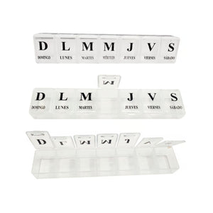 Pastillero semanal blanco de 15 cm, plástico resistente y ligero, ideal para organizar medicamentos diarios con compartimentos etiquetados.-1-2-1