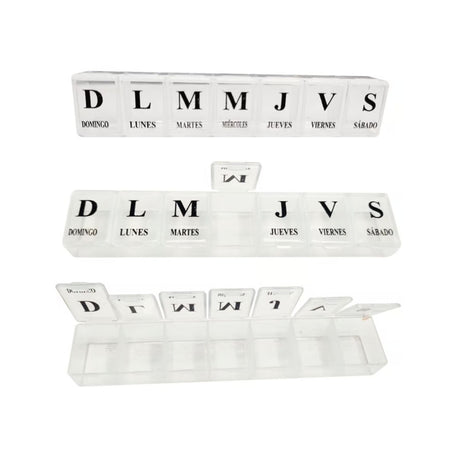 Pastillero semanal blanco de 15 cm, plástico resistente y ligero, ideal para organizar medicamentos diarios con compartimentos etiquetados.-1-2-1