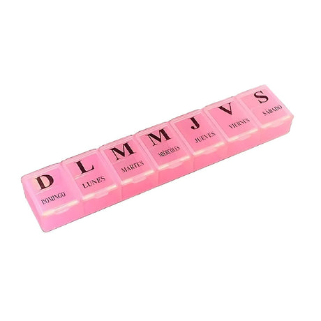 Pastillero Semanal Rosado de plástico, 15cm, organizador de medicamentos con compartimentos etiquetados para cada día. Ideal para viajes.-1-1-1