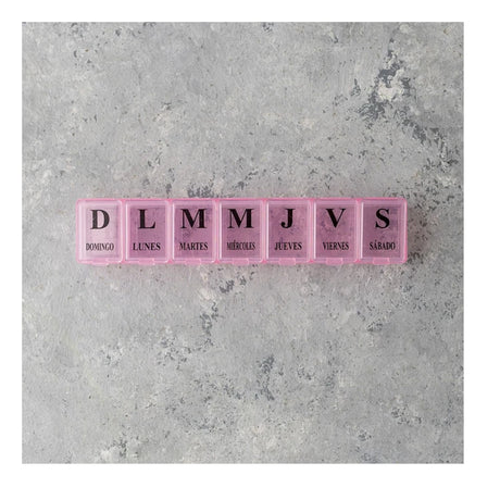 Pastillero Semanal Rosado de plástico, 15cm, organizador de medicamentos con compartimentos etiquetados para cada día. Ideal para viajes.-1-2-1