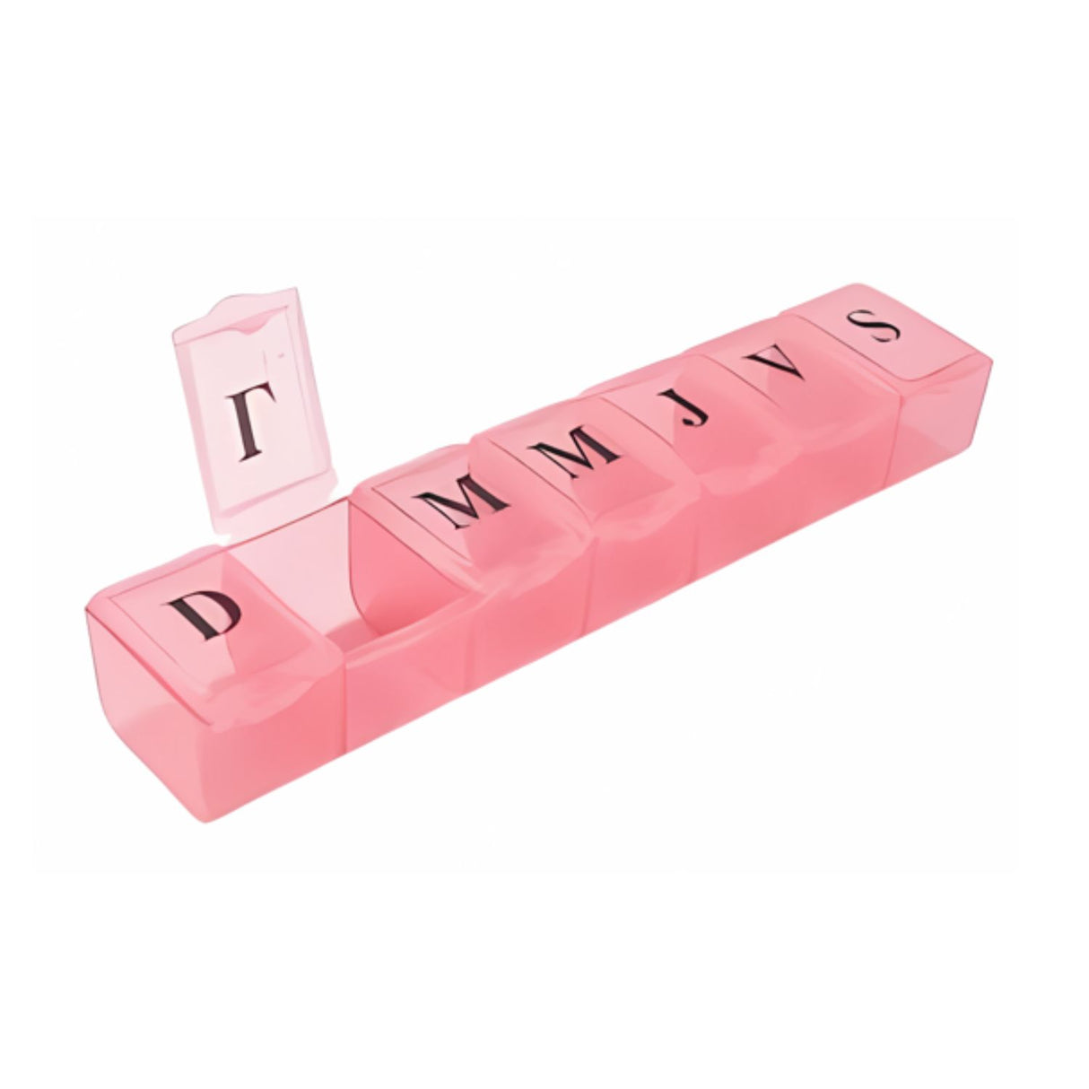 Pastillero Semanal Rosado de plástico, 15cm, organizador de medicamentos con compartimentos etiquetados para cada día. Ideal para viajes.-1-3-1