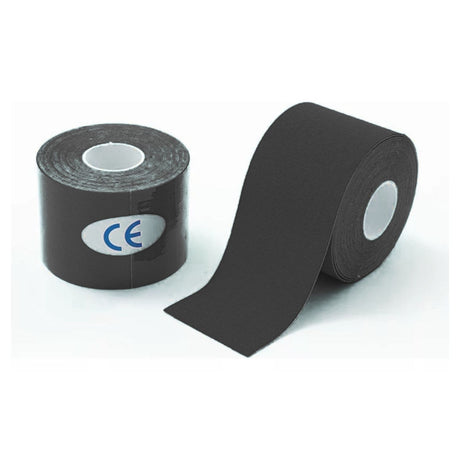 Bandas kinesiológicas negras de 5cm x 5m, elásticas y resistentes, ideales para soporte muscular y rehabilitación.-1-1-1