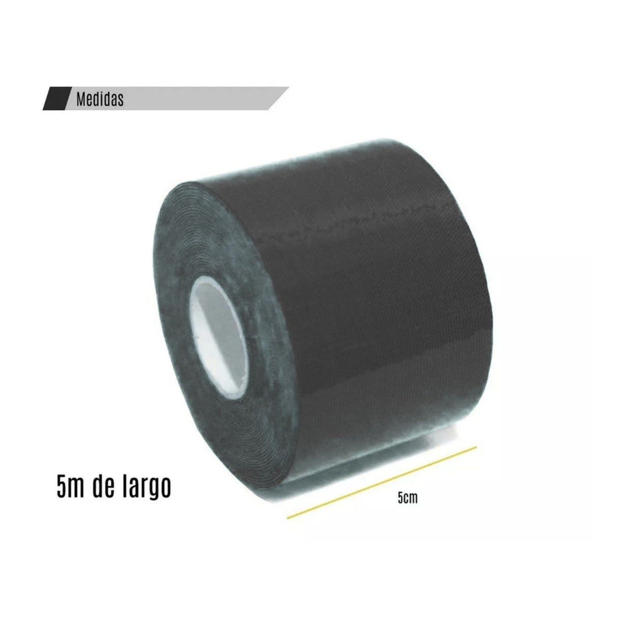 Bandas kinesiológicas negras de 5cm x 5m, elásticas y resistentes, ideales para soporte muscular y rehabilitación.-1-4-1