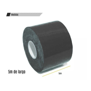 Bandas kinesiológicas negras de 5cm x 5m, elásticas y resistentes, ideales para soporte muscular y rehabilitación.-1-4-1
