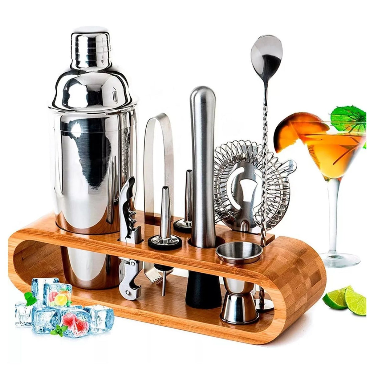 Kit de coctelería de 10 piezas en acero inoxidable plata, incluye coctelera, colador y pinzas para hielo. Ideal para preparar cócteles en casa.-1