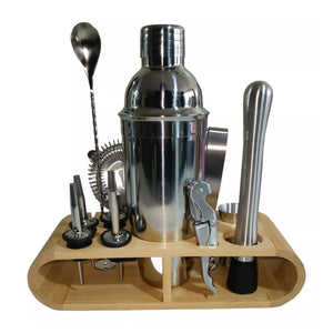 Kit de coctelería de 10 piezas en acero inoxidable plata, incluye coctelera, colador y pinzas para hielo. Ideal para preparar cócteles en casa.-1-2-1