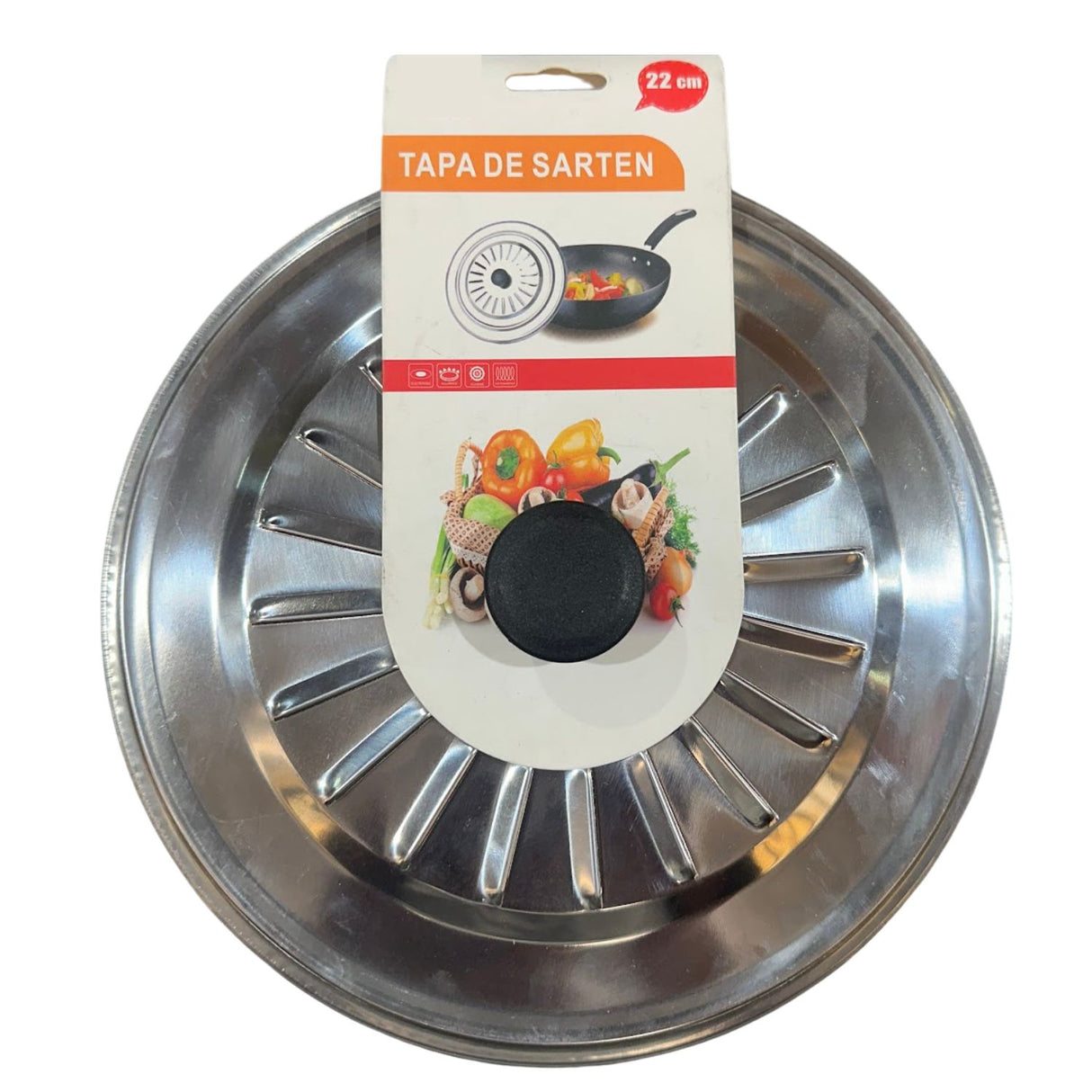 Tapa de olla de 22 cm en acero inoxidable, diseño moderno y brillante, ideal para cocinar sopas y guisos sin derrames.-1-2-1