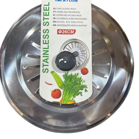 Tapa de olla de 26 cm en acero inoxidable, resistente al calor, con cierre hermético y pomo ergonómico. Ideal para cocinar sopas y guisos.-1-2-1