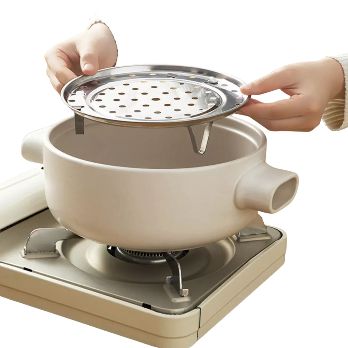 Tapa de olla colador de 24 cm en acero inoxidable, ideal para escurrir pasta y verduras. Diseño elegante y fácil de limpiar.-1-3-1