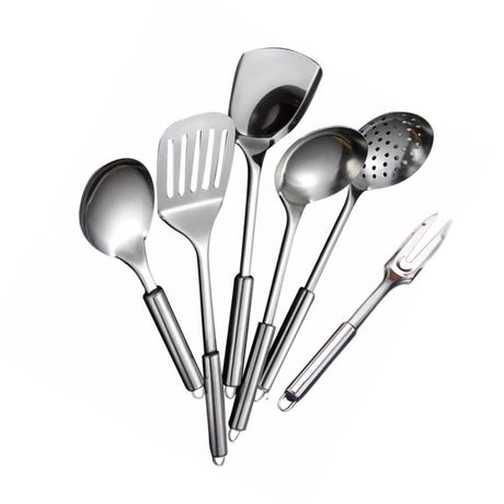 Set de 6 cucharones de cocina multicolor de acero inoxidable, 37 cm, ergonómicos y resistentes, ideales para servir sopas y guisos.-1-1-1