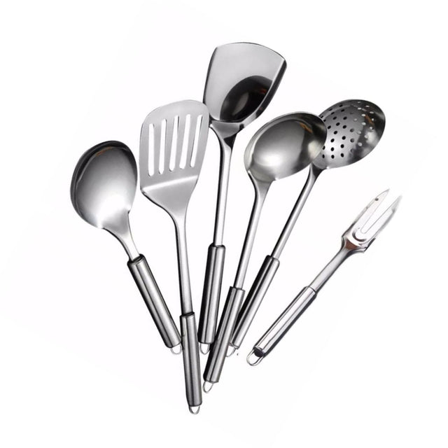 Set de 6 cucharones de cocina multicolor de acero inoxidable, 37 cm, ergonómicos y resistentes, ideales para servir sopas y guisos.-1-1-1