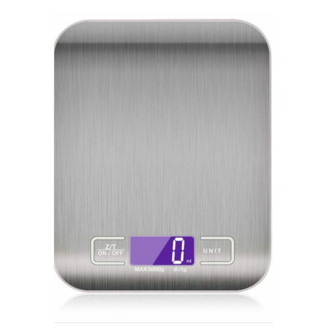 Balanza de cocina plateada de acero inoxidable, 18 cm, alta precisión, pantalla digital, ideal para pesar ingredientes secos y líquidos.-1-1-1