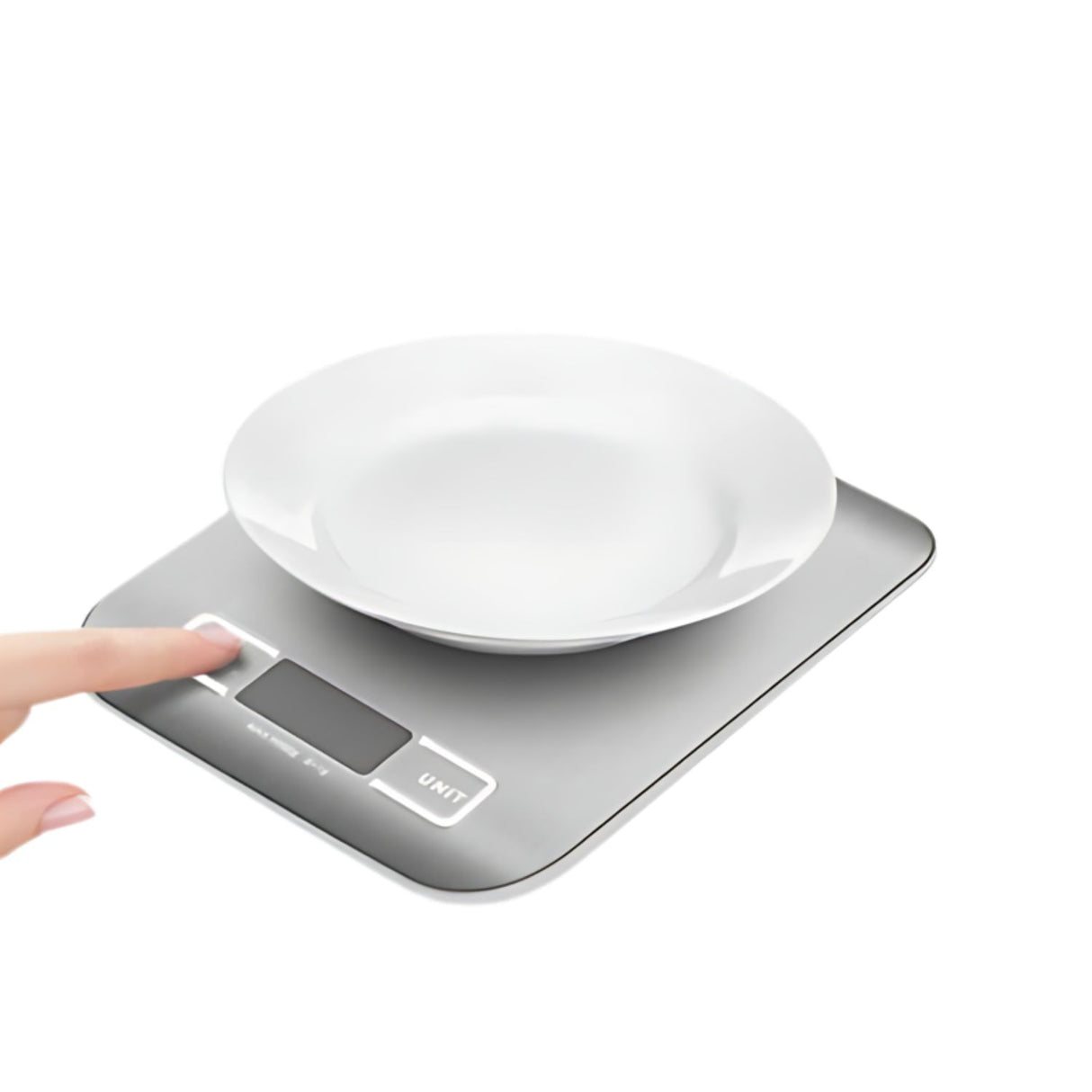 Balanza de cocina plateada de acero inoxidable, 18 cm, alta precisión, pantalla digital, ideal para pesar ingredientes secos y líquidos.-1-4-1