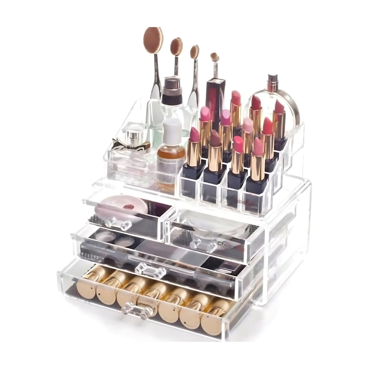 Organizador rectangular transparente de plástico con 4 bandejas, ideal para clasificar artículos en oficina, cocina o baño.-1-1-1