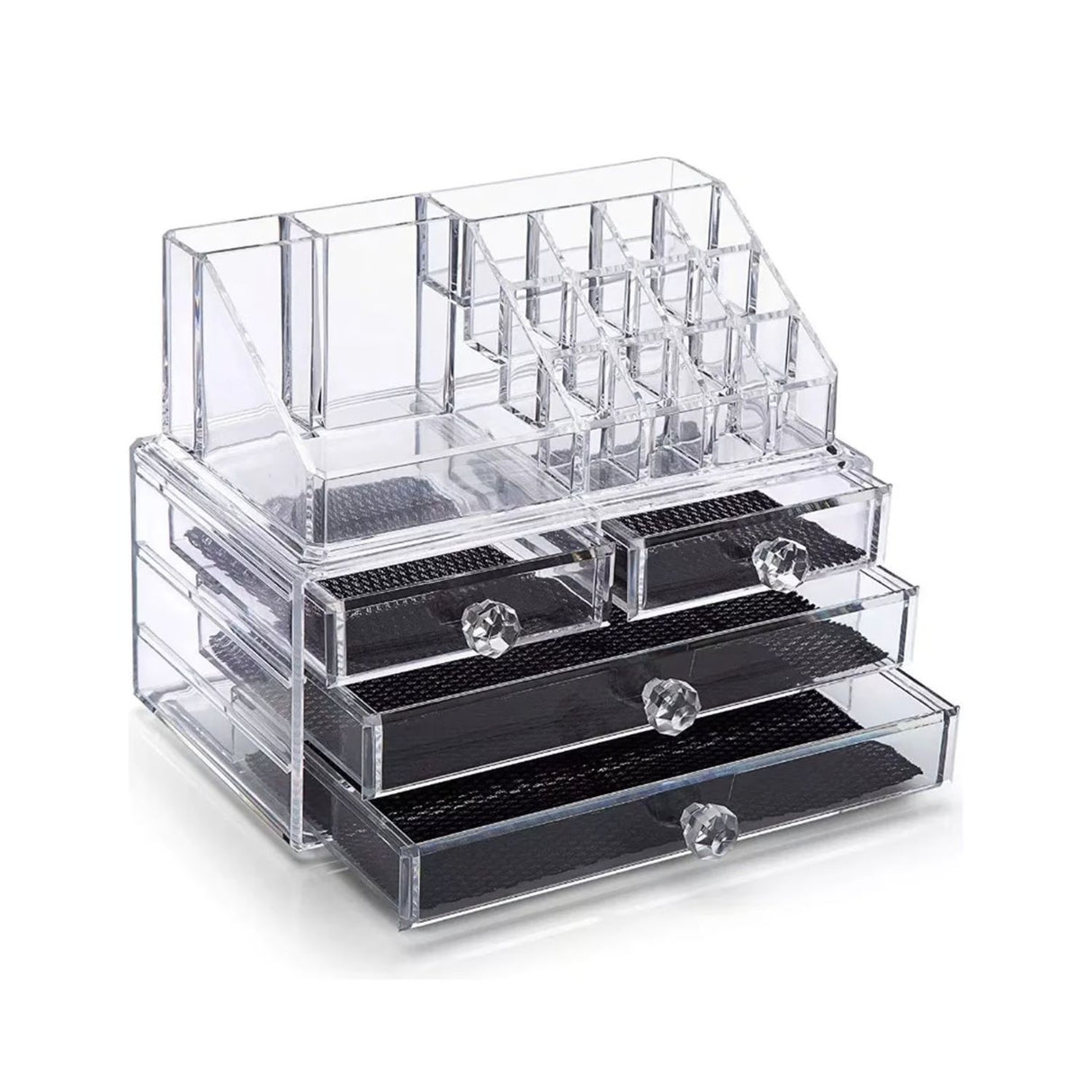Organizador rectangular transparente de plástico con 4 bandejas, ideal para clasificar artículos en oficina, cocina o baño.-1-3-1