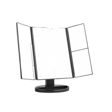 Espejo triple desplegable blanco con 22 luces LED regulables, ideal para maquillaje y cuidado personal, diseño elegante y portátil.-1-1-1