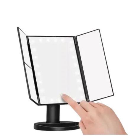 Espejo triple desplegable blanco con 22 luces LED regulables, ideal para maquillaje y cuidado personal, diseño elegante y portátil.-1-2-1