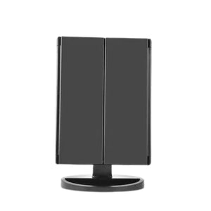Espejo triple desplegable blanco con 22 luces LED regulables, ideal para maquillaje y cuidado personal, diseño elegante y portátil.-1-3-1
