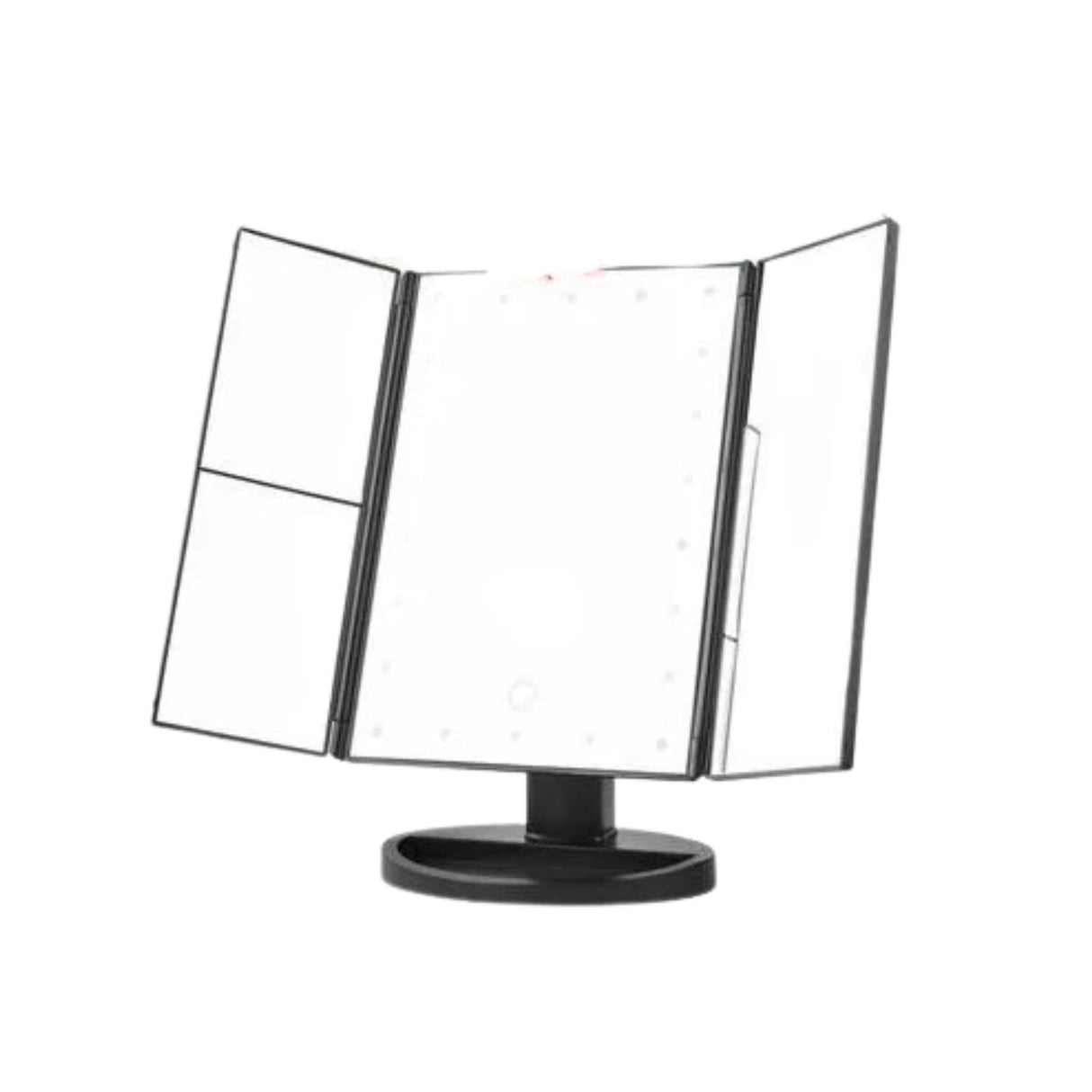 Espejo triple desplegable blanco con 22 luces LED regulables, ideal para maquillaje y cuidado personal, diseño elegante y portátil.-1-4-1