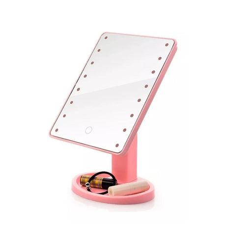 Espejo pedestal rosa de 16 cm con luces LED, ideal para maquillaje y cuidado facial, diseño elegante y compacto.-1-1-1