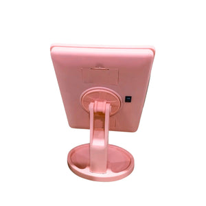 Espejo pedestal rosa de 16 cm con luces LED, ideal para maquillaje y cuidado facial, diseño elegante y compacto.-1-2-1