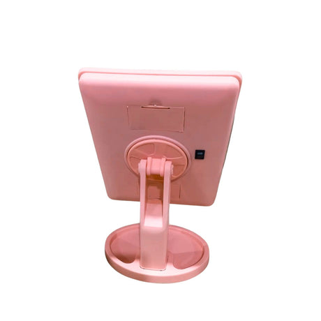 Espejo pedestal rosa de 16 cm con luces LED, ideal para maquillaje y cuidado facial, diseño elegante y compacto.-1-2-1
